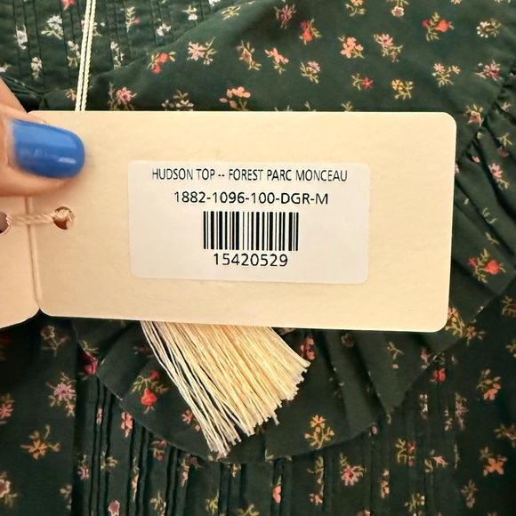 Doen Hudson Top: Floral Green Blouse with Ruffled Collar (M) - Picture 3 of 6